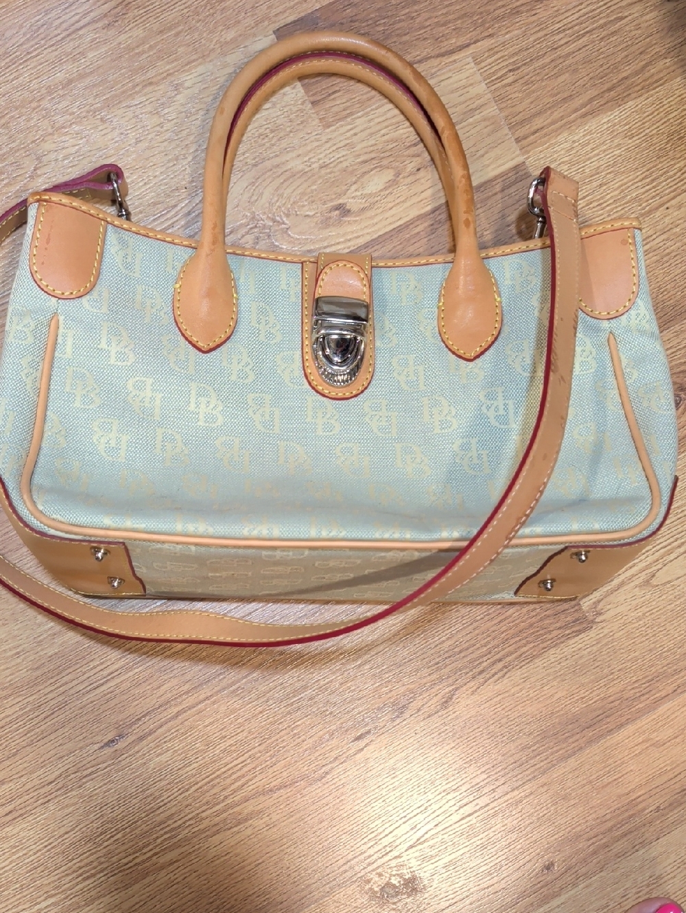 Dooney & Bourke Beige Monogram Satchel with Tan Trim
